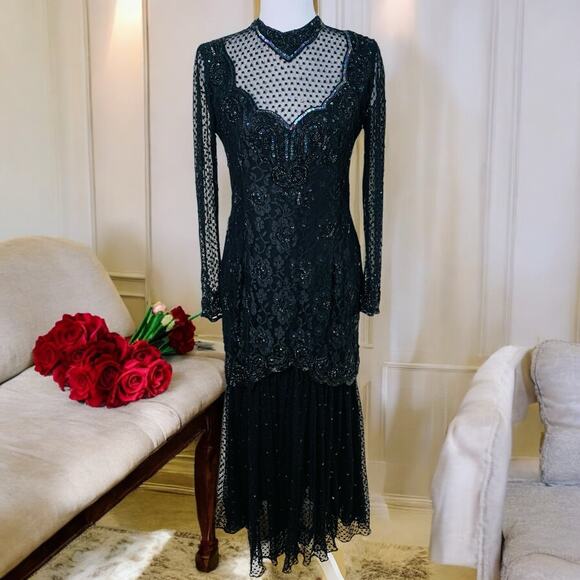 Vintage Dresses & Skirts - Vintage Judith Ann Size M Victorian Dark Romance Sequin Midi Dress Black Gothic